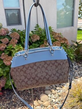 NWOT Coach Brown Signature Canvas Shoulder Bag with Light Blue Trim